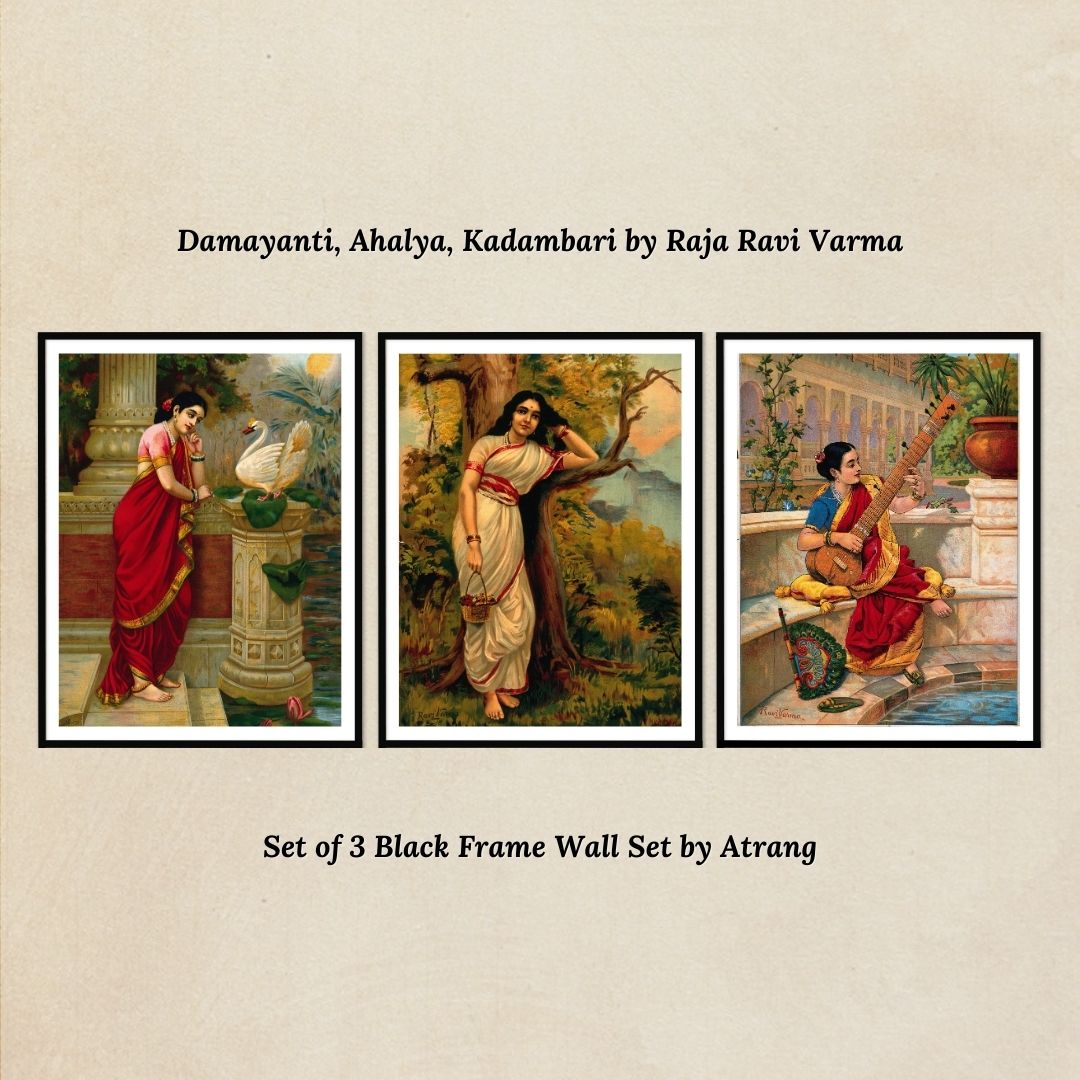 Set of 3 Black Frame Wall Set of Swan Damayanti, Ahlaya and Kadambari by Raja Ravi Varma