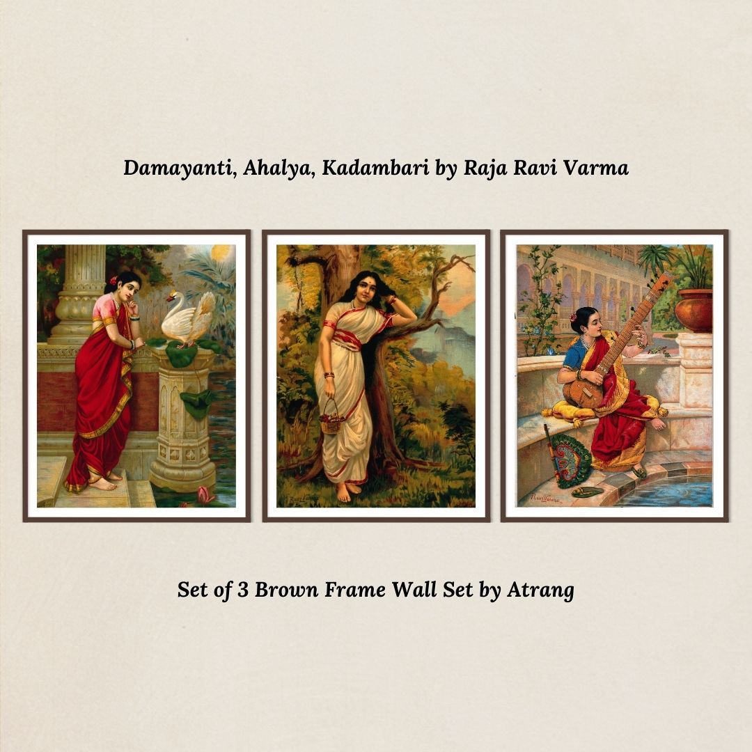 Set of 3 Brown Frame Wall Set of Swan Damayanti, Ahlaya and Kadambari by Raja Ravi Varma