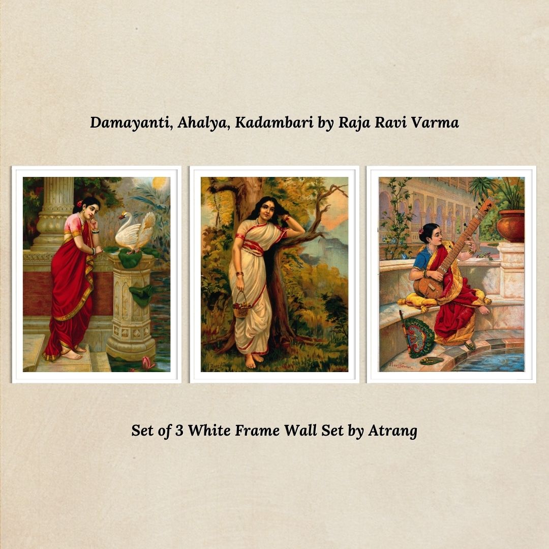 Set of 3 White Frame Wall Set of Swan Damayanti, Ahlaya and Kadambari by Raja Ravi Varma