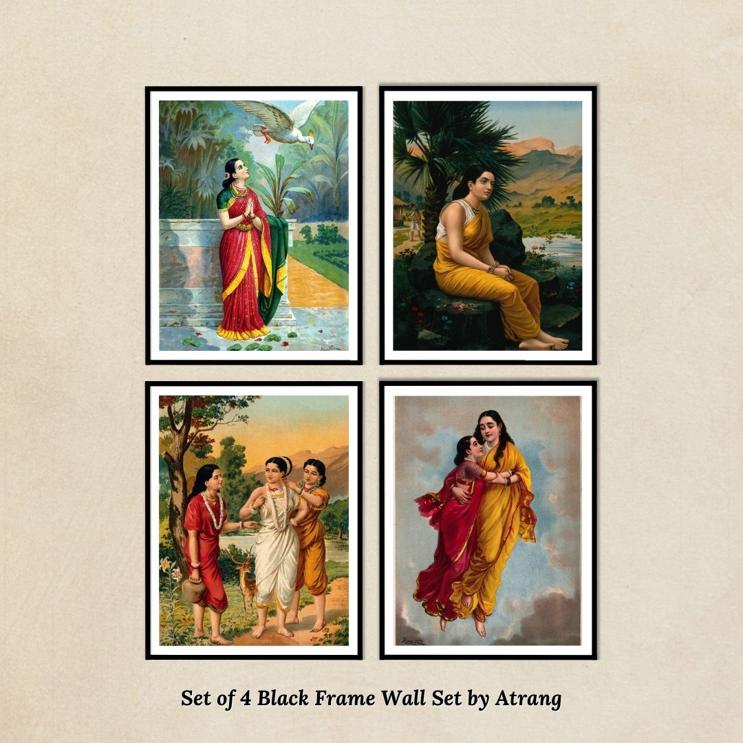 Raja Ravi Varma 4 Black Frame Sets of Hamsa Damyanti, Shakuntala, Sita, Shakuntala with her friends for Home Decor