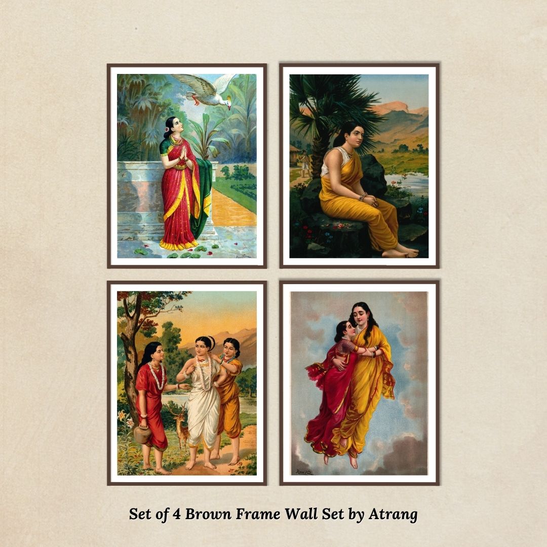 Raja Ravi Varma 4 Brown Frame Sets of Hamsa Damyanti, Shakuntala, Sita, Shakuntala with her friends for Home Decor