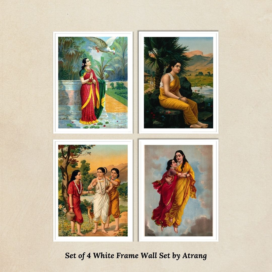Raja Ravi Varma 4 White Frame Sets of Hamsa Damyanti, Shakuntala, Sita, Shakuntala with her friends for Home Decor