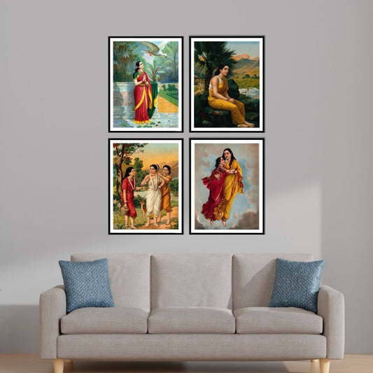 Raja Ravi Varma 4 Frame Sets of Hamsa Damyanti, Shakuntala, Sita, Shakuntala with her friends for Home Decor