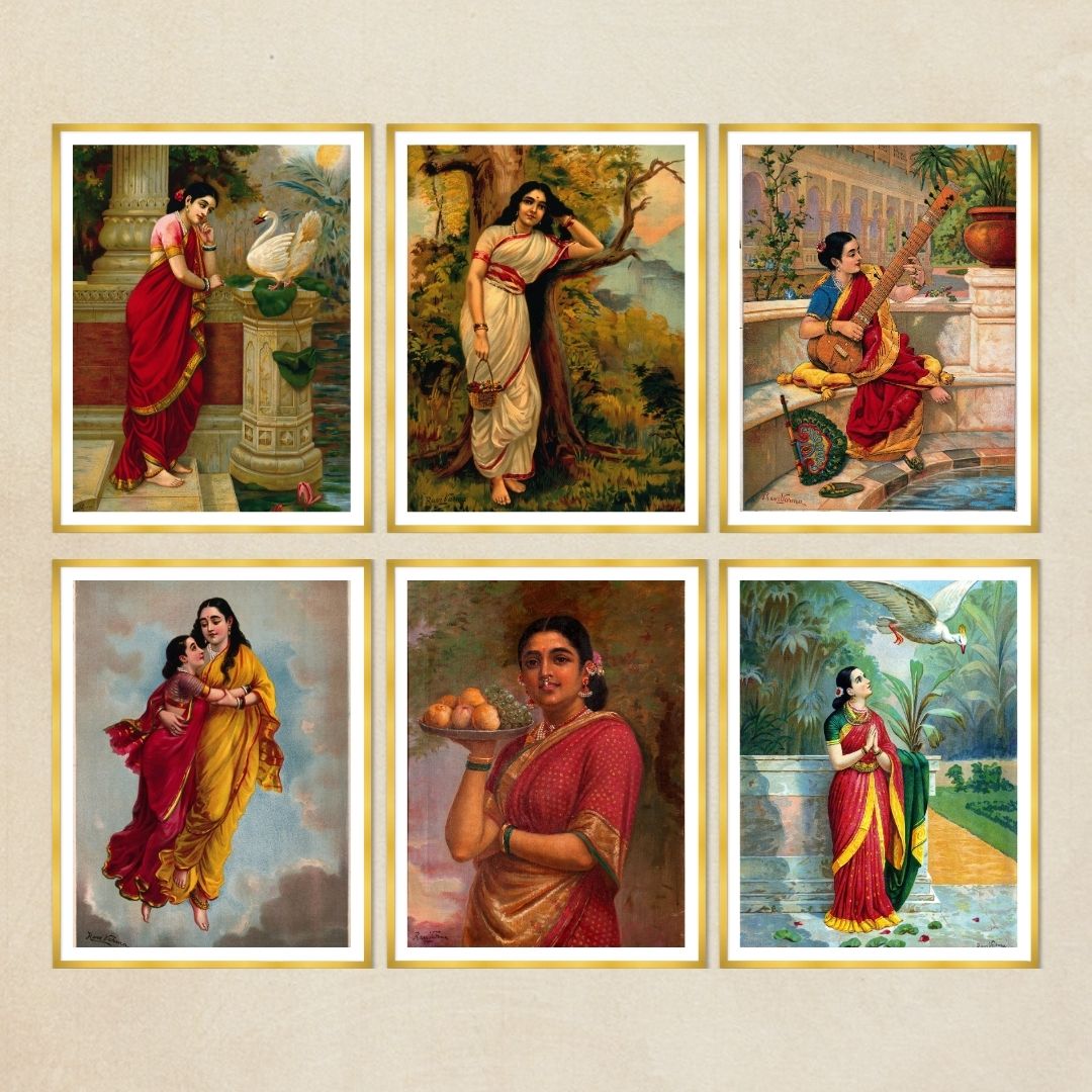 Raja Ravi Varma Set of 6 Gold Wall Frames of Swan Damayanti, Ahalya, Sitar Lady, Shakuntala with her Mother, Madri, Hamsa Damyanti in Black Frame