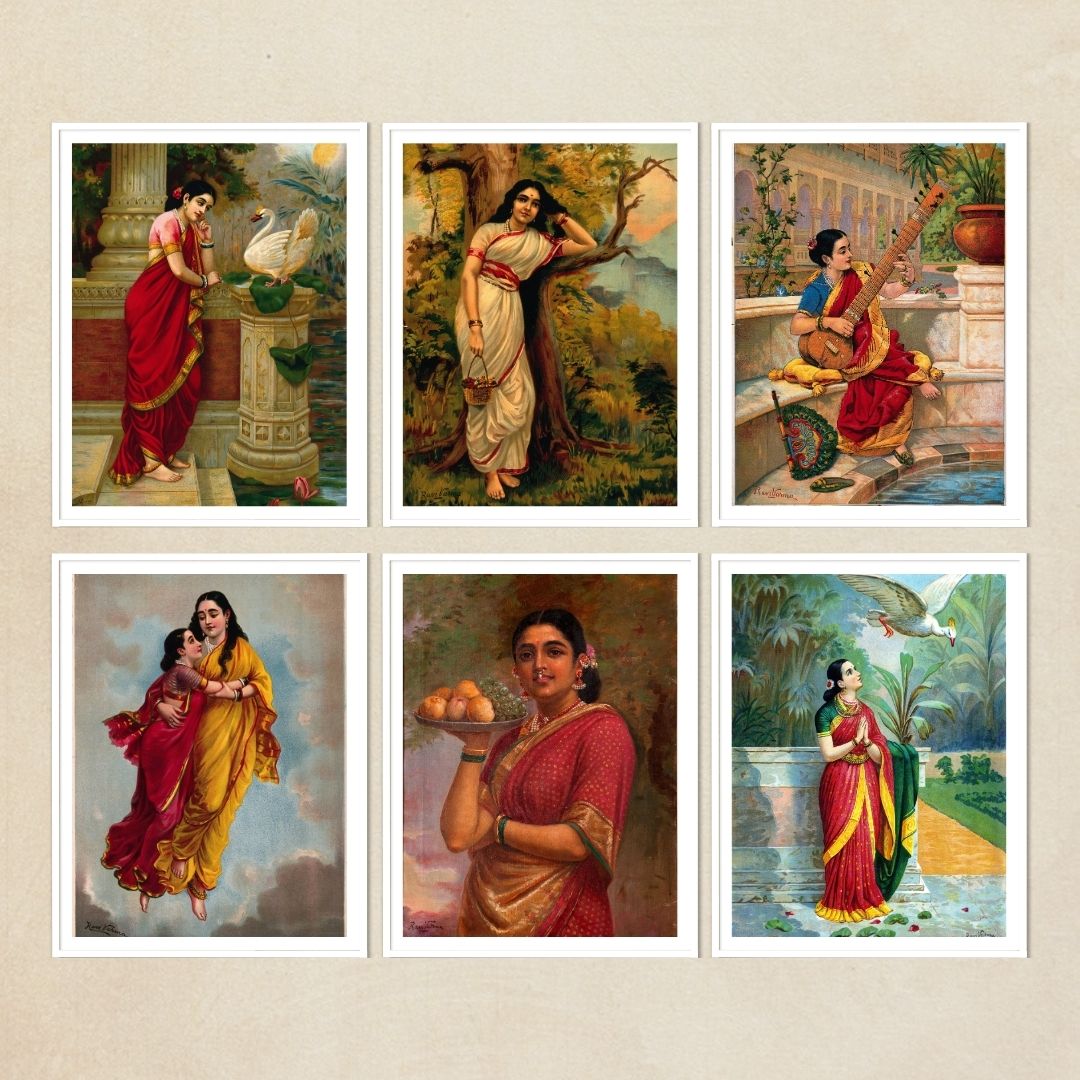 Raja Ravi Varma Set of 6 White Wall Frames of Swan Damayanti, Ahalya, Sitar Lady, Shakuntala with her Mother, Madri, Hamsa Damyanti in Black Frame