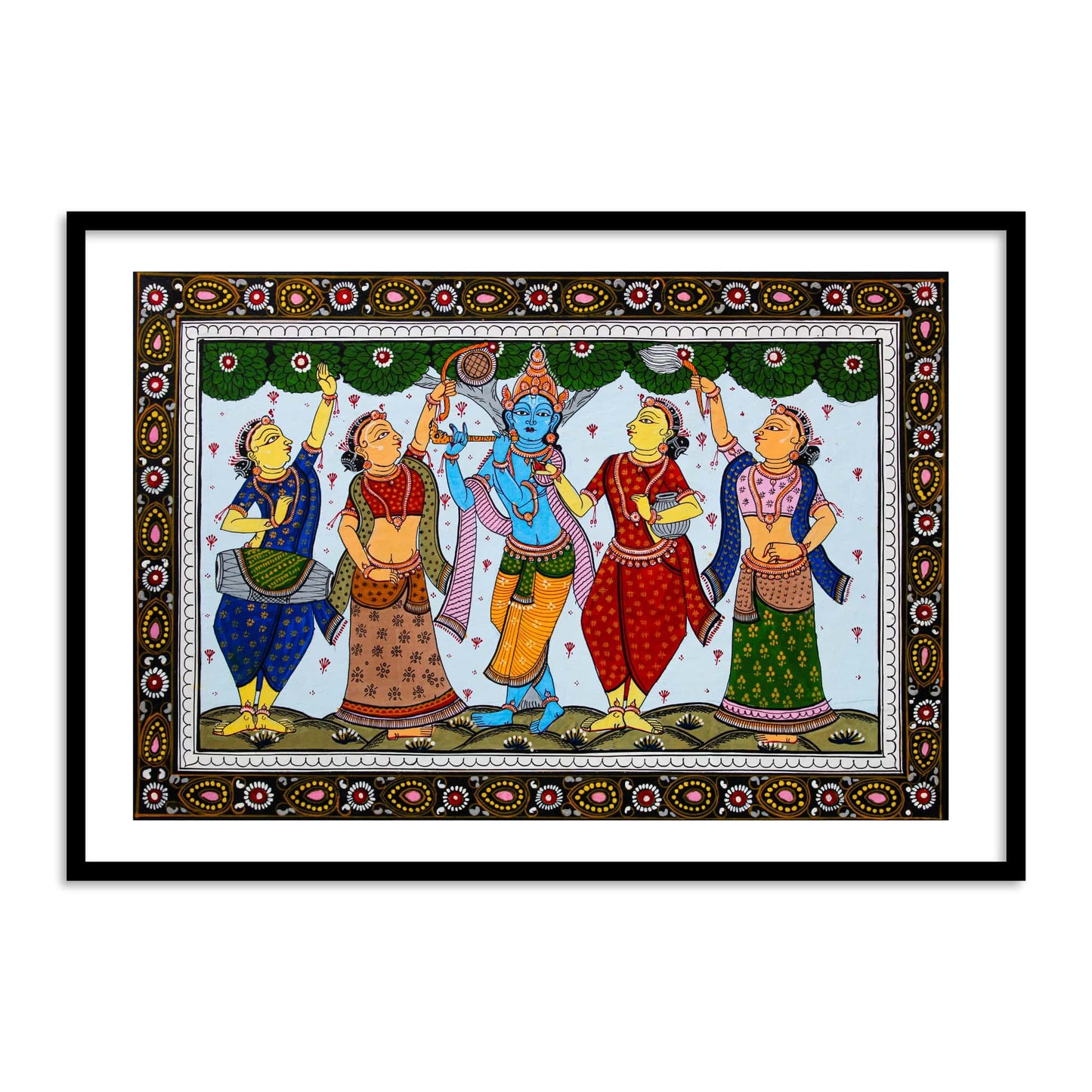 Shri Krishna with Gopiya Playing Flute | Pattachitra Folk Painting Framed Wall Art - The Atrang