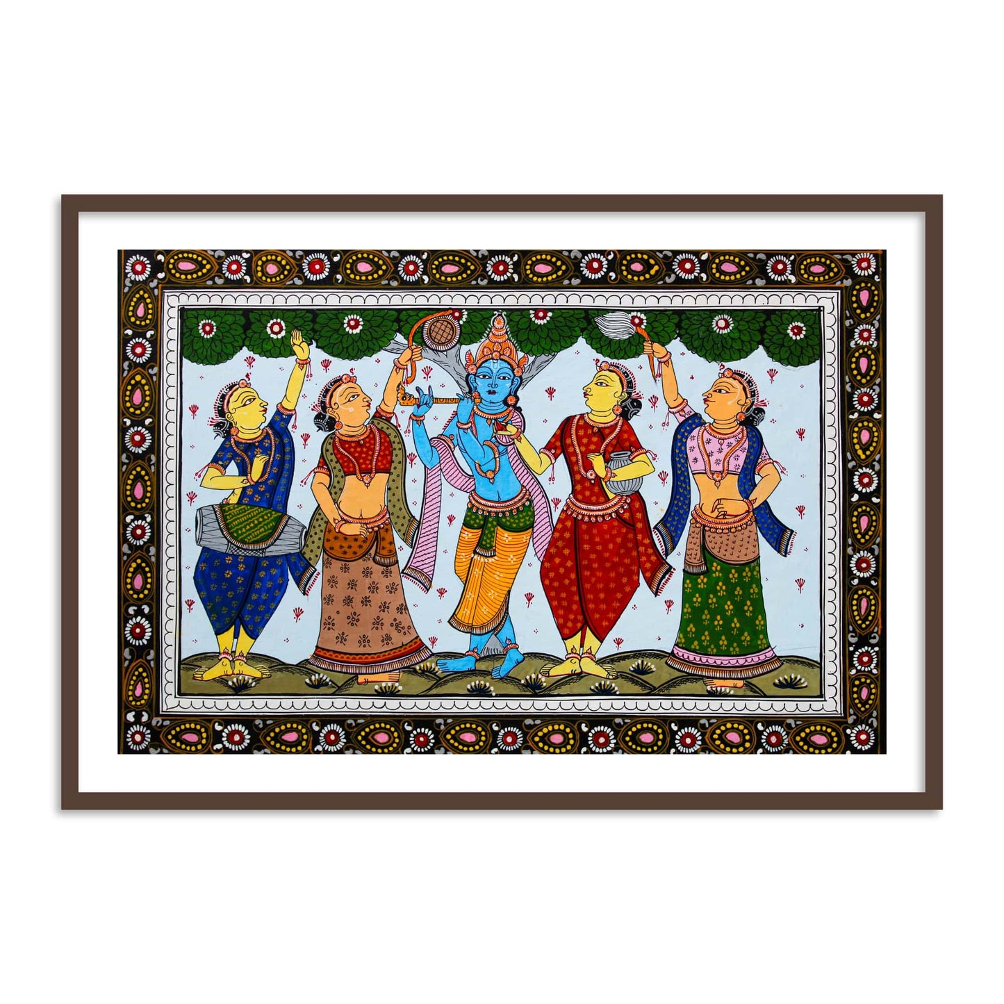 Shri Krishna with Gopiya Playing Flute | Pattachitra Folk Painting Framed Wall Art - The Atrang