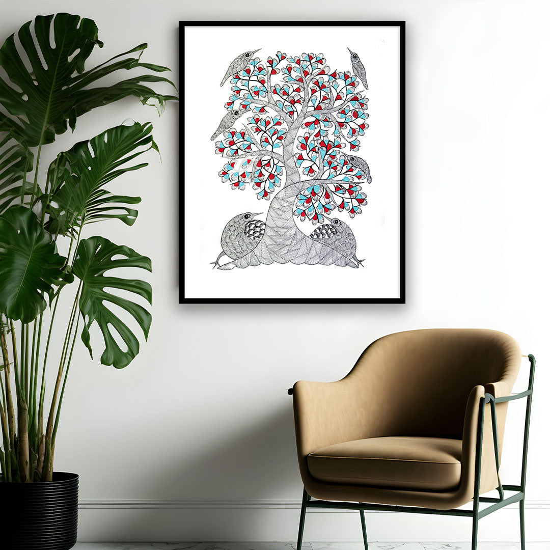 Birds waiting for Rain Gond Art Painting | Tribal Folk Framed Wall Art | Earthy Soul