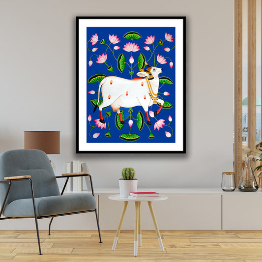 Blue Pichwai Kamdhenu Cow on Lotus Talai |Traditional Wall Art for Home decor