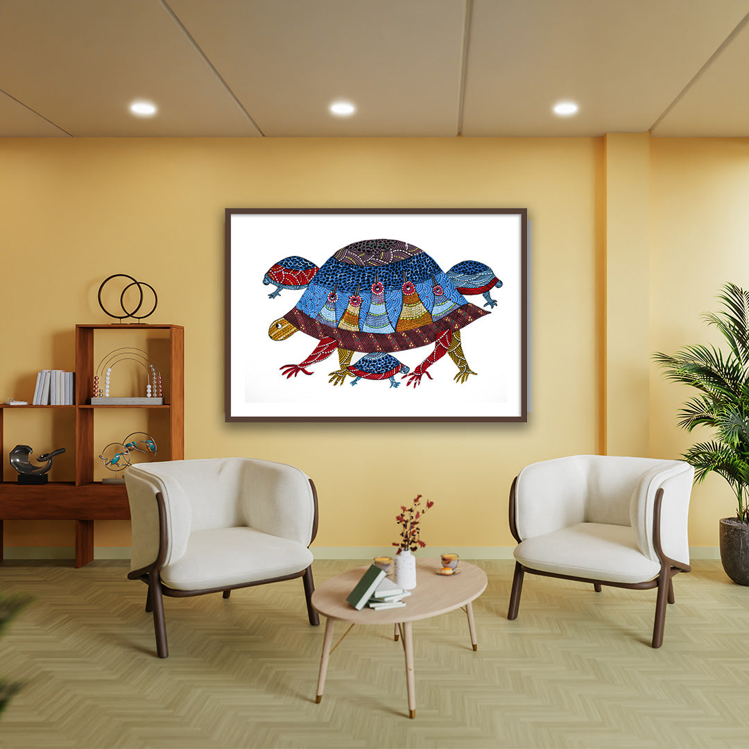 Gond Painting | Multicolor Lucky Turtle Artwork for a Home Paintings Framed Wall Art