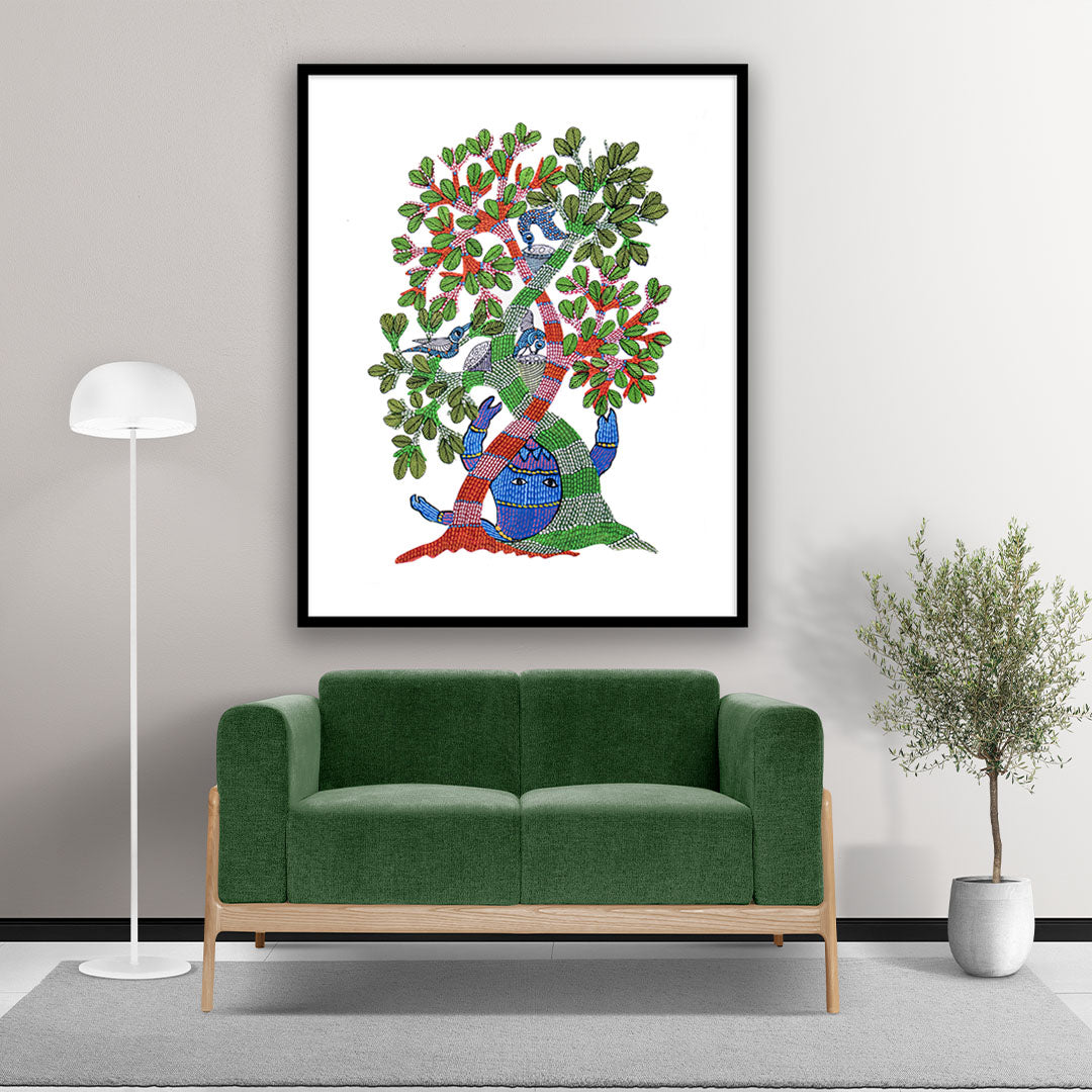 Colorful Perching Birds on a Tree Gond Art Painting for Home Decor | Arts of India