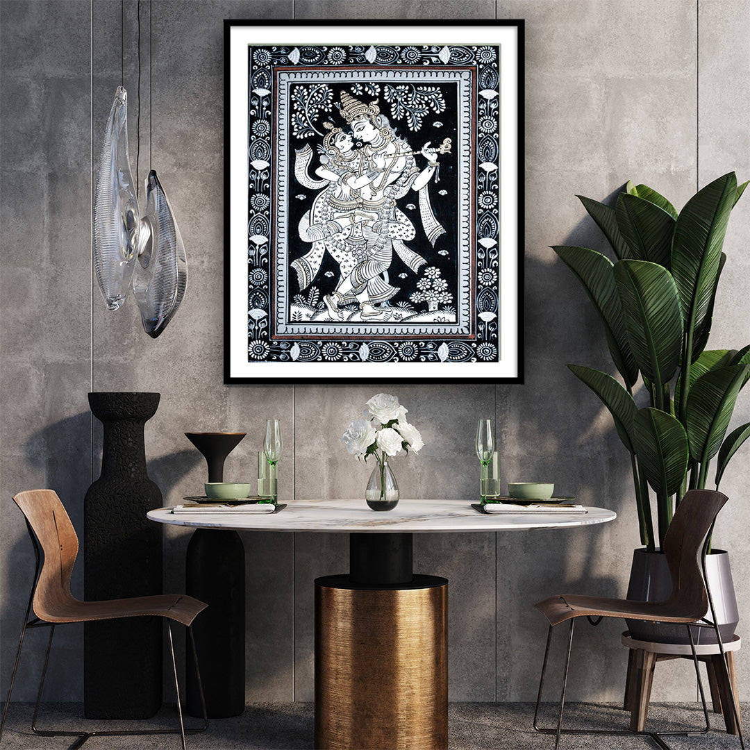 Radha Krishna Dancing Monochrome Patachitra Art | Pata Painting Framed Wall Art
