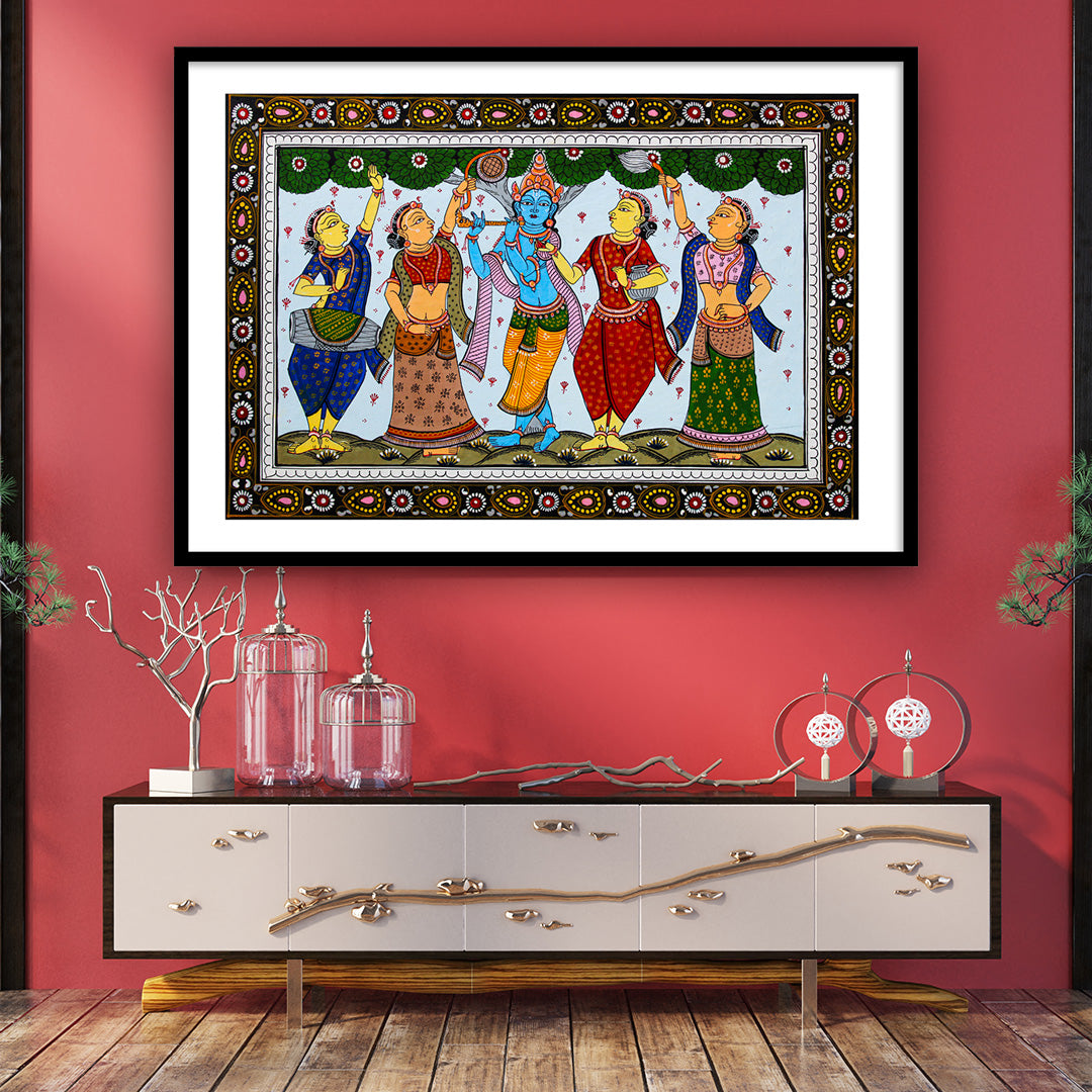 Shri Krishna with Gopiya Playing Flute | Pattachitra Folk Painting Framed Wall Art - The Atrang