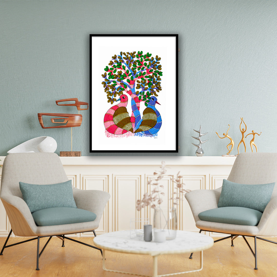 Pigeons sitting under a tree Gond painting | Indian Folk Framed Wall Art