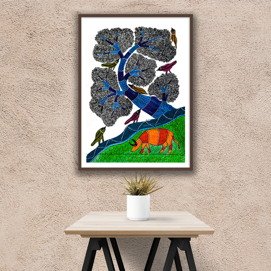 Cow and Birds Artwork | Traditional Gond Framed Wall Art