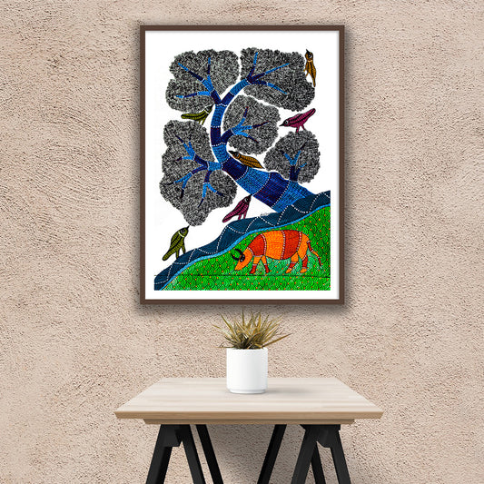 Cow and Birds Artwork | Traditional Gond Framed Wall Art