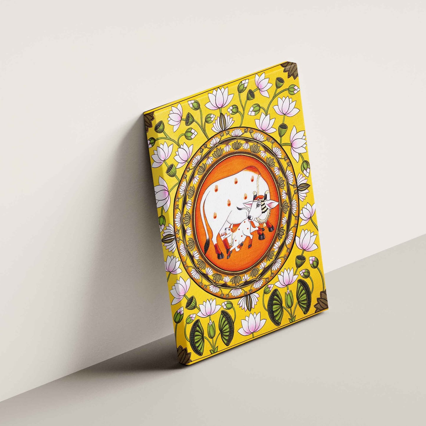 Kamdhenu Pichwai Cow with a Nandi Vastu Painting for Home Wall Art