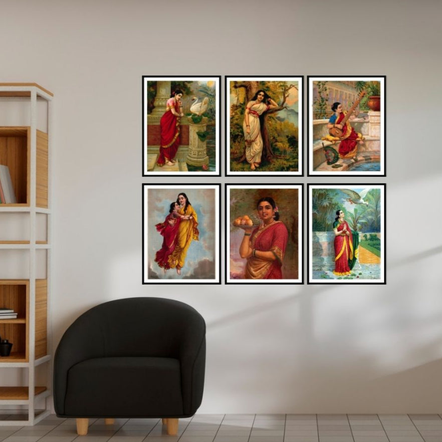 Raja Ravi Varma Set of 6 Wall Frames of Swan Damayanti, Ahalya, Sitar Lady, Shakuntala with her Mother, Madri, Hamsa Damyanti in Black Frame