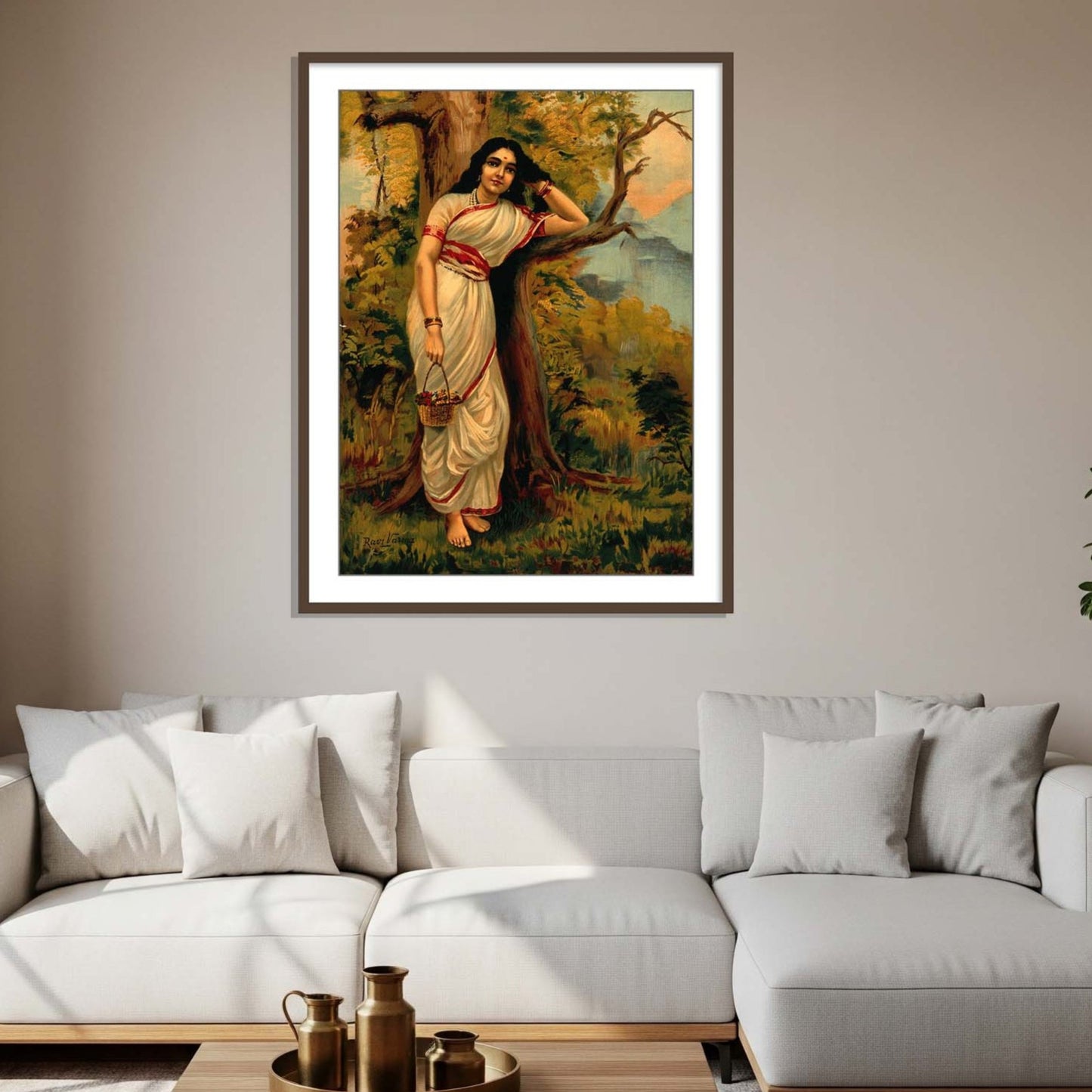 Ahalya leaning on tree by Raja Ravi Varma | Wall Art Painting