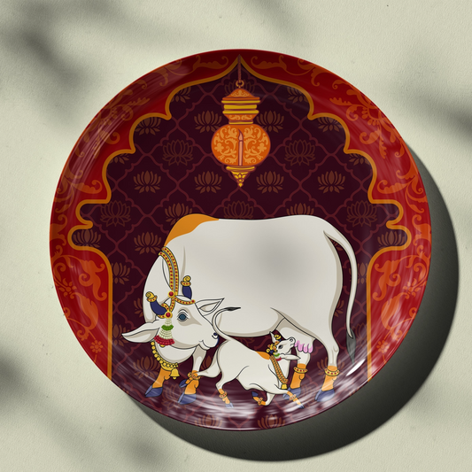 Pichwai Kamdhenu (Nandi) Decor Wall Plate for Living Room Home Decor