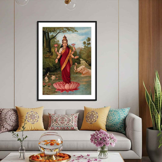 Lakshmi on her Lotus by Raja Ravi Varma | Wall Art Painting