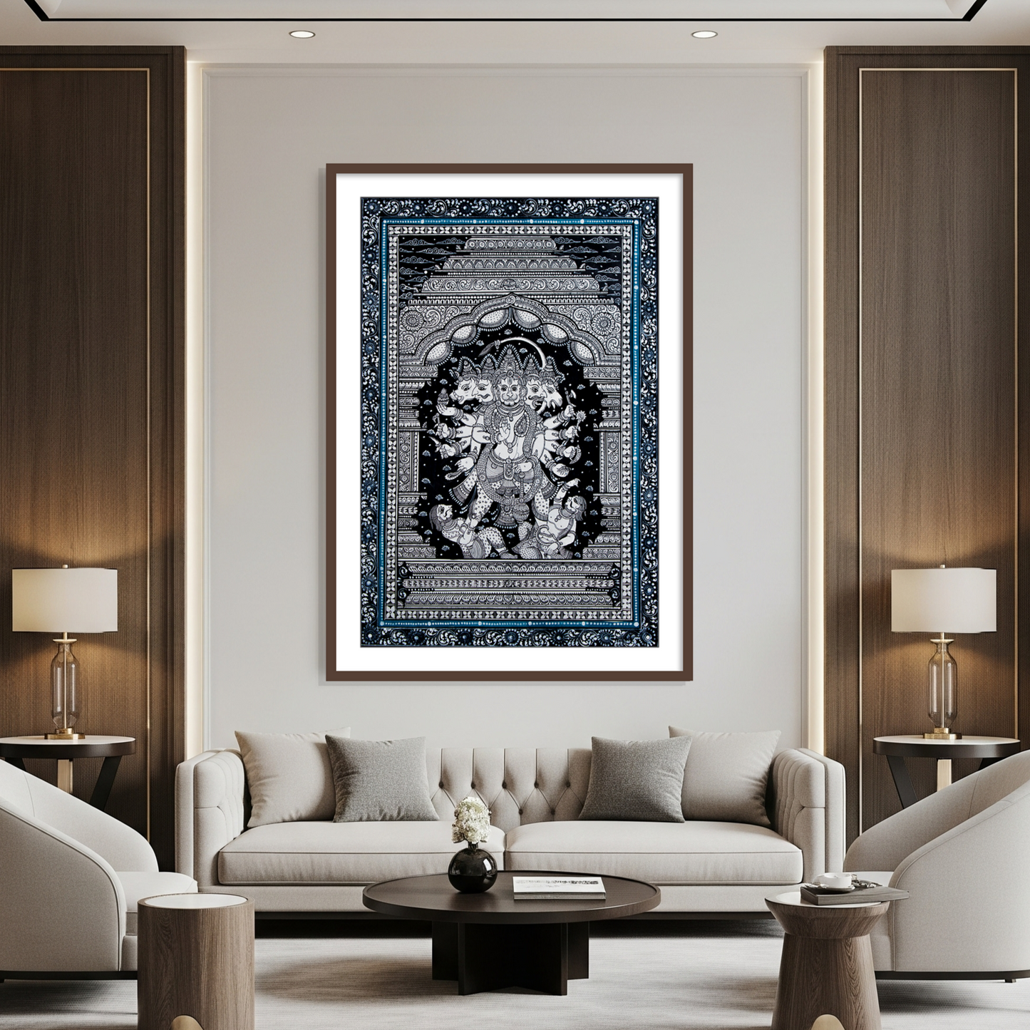 Modern living room with a decorative wall art piece, sofa, and chairs.