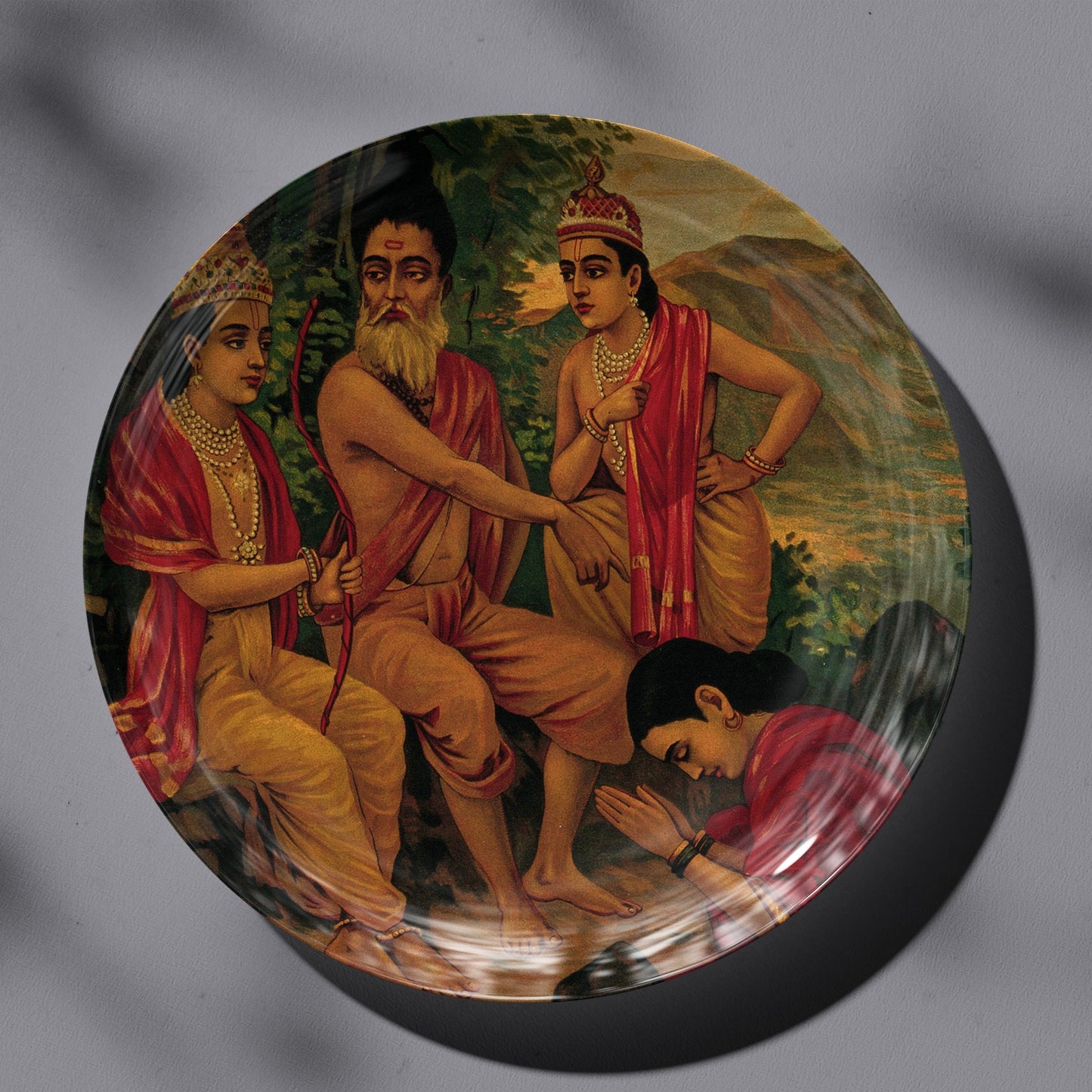 Ahalya the nymph being released from a curse by Rama & Lakshman by Ravi Varma Ceramic Plate for Home Decor