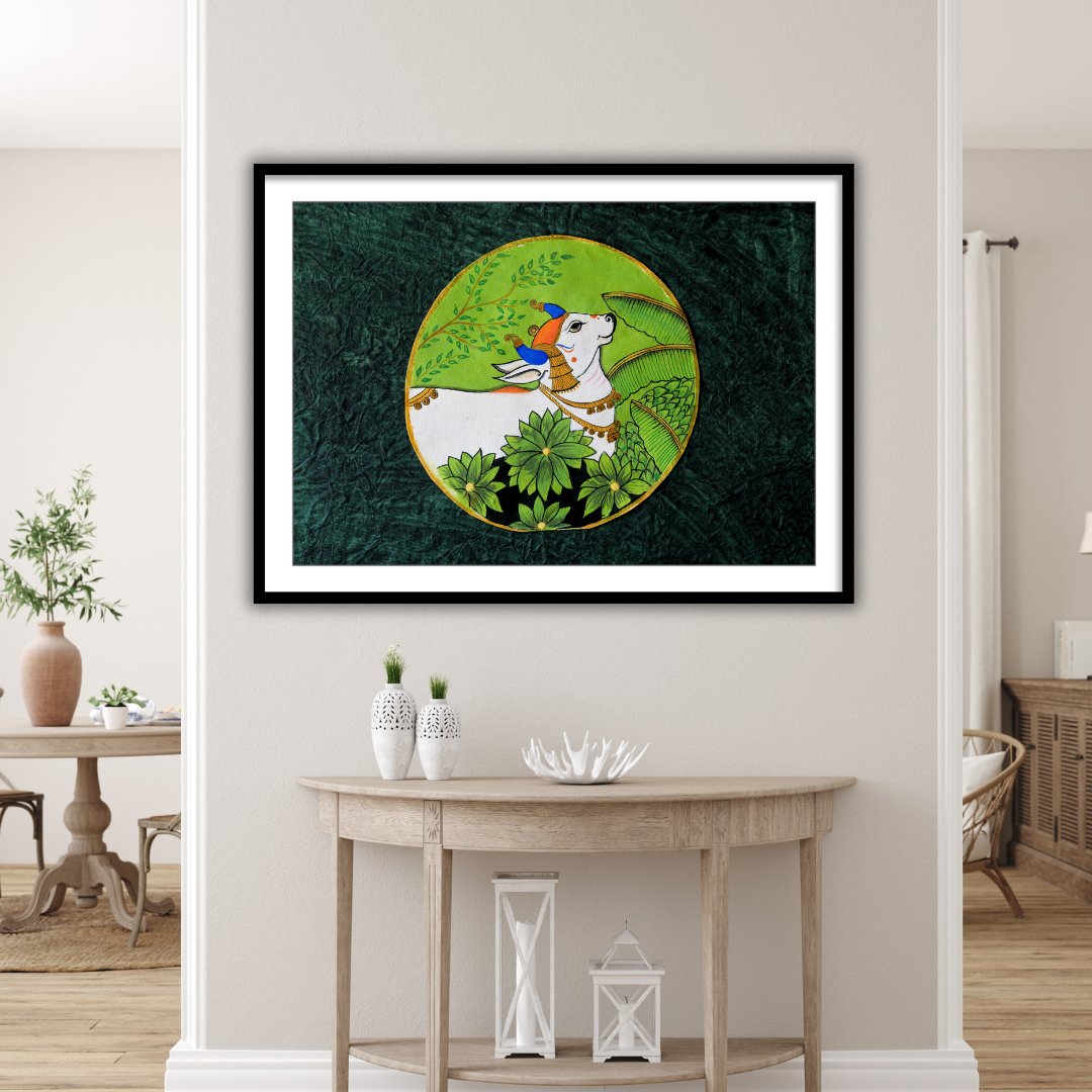 Nandi: Serene in Green Pichwai Art for Home Decor - The Atrang