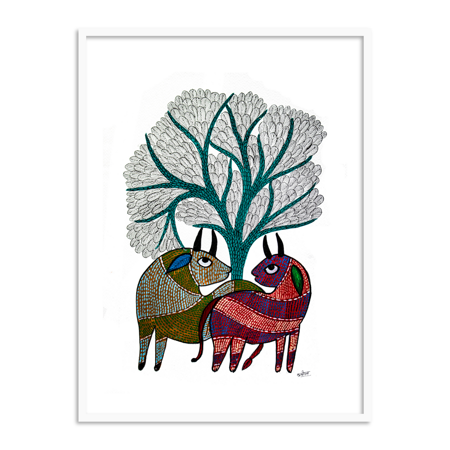 Two Elegant Deers Gond Art | Framed Wall Art for home decor