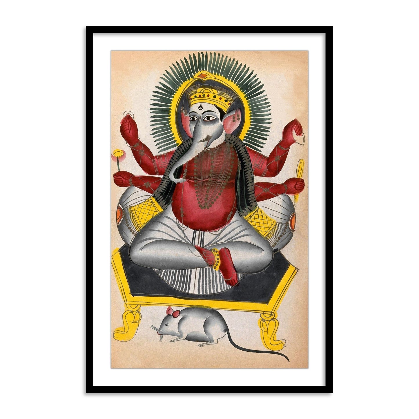 Ganesha Enthroned Holding his Symbols with his Rat Kalighat Painting Framed Wall Art - The Atrang