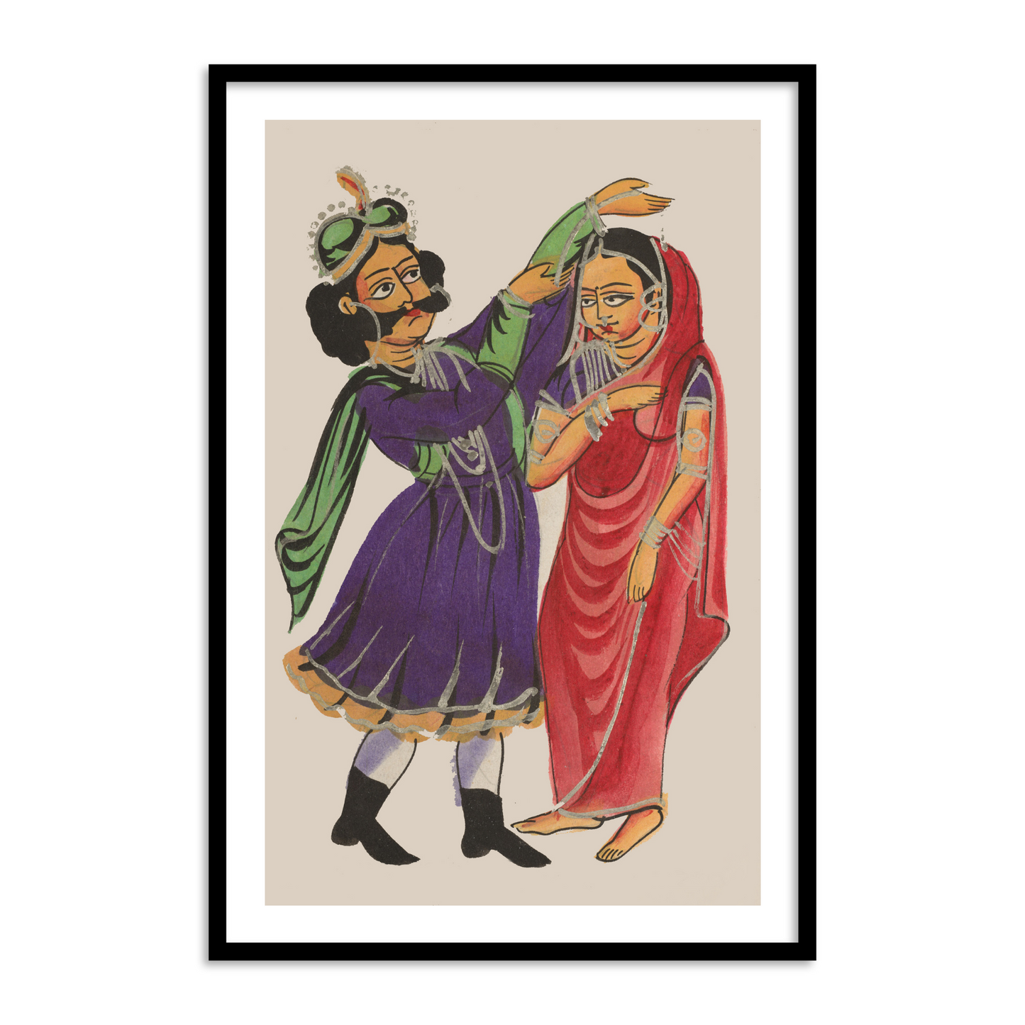 Dushmanta Garlanding Shakuntala Kalighat Framed Wall Painting