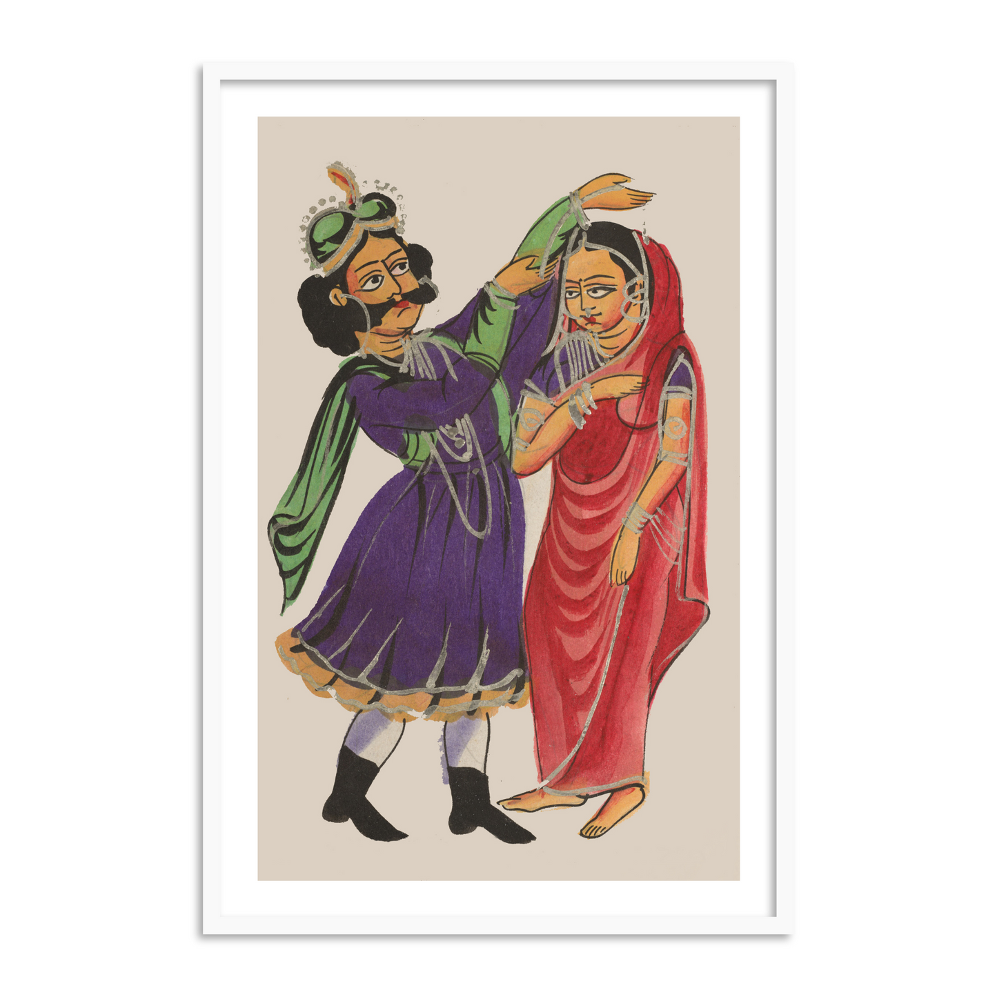 Dushmanta Garlanding Shakuntala Kalighat Framed Wall Painting