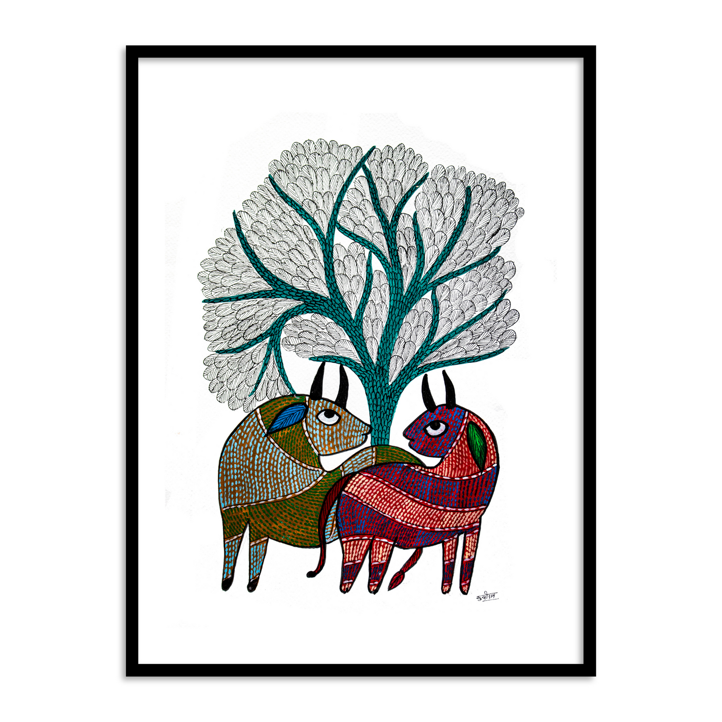 Two Elegant Deers Gond Art | Framed Wall Art for home decor