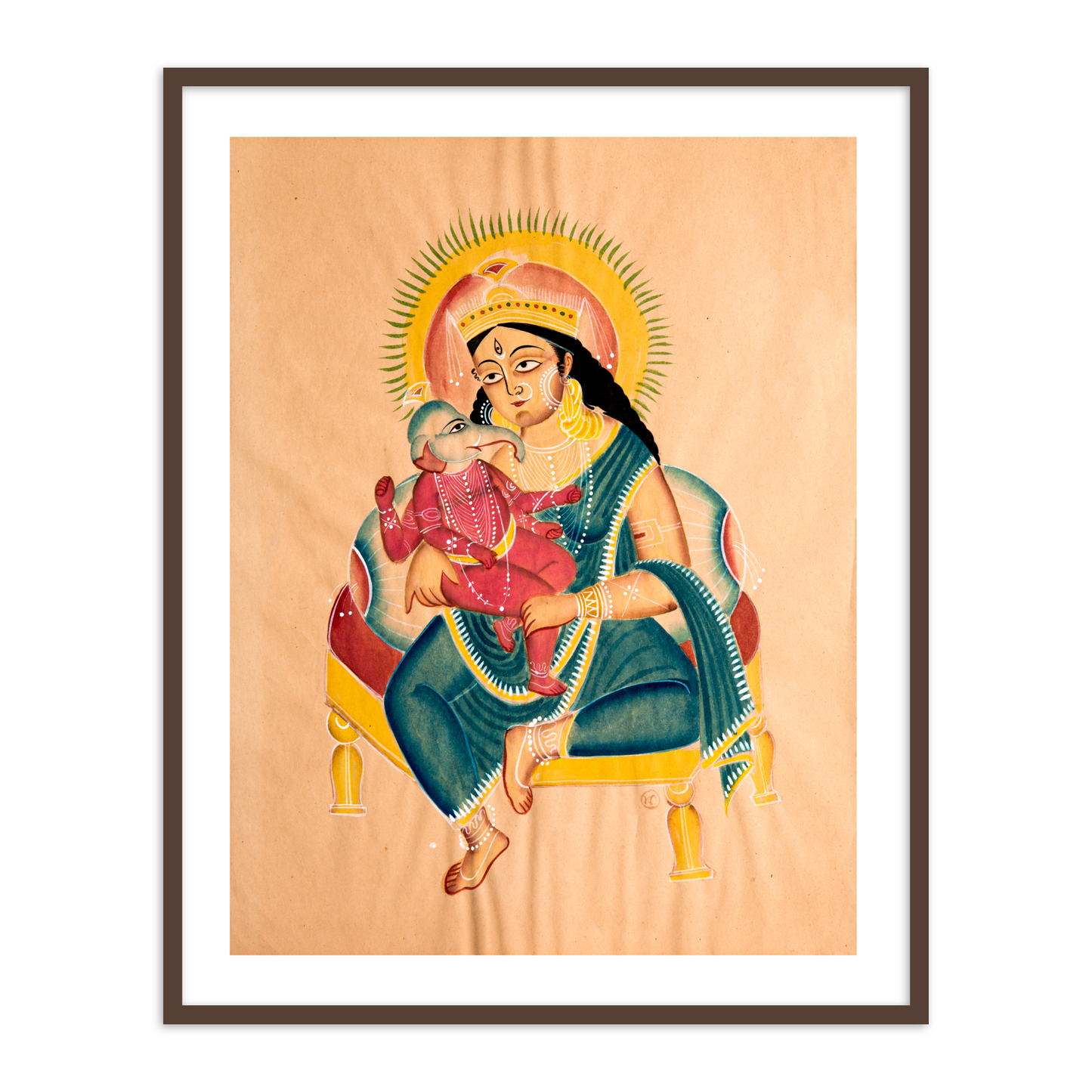 Parvati and Ganesh Kalighat Painting Framed Wall Art for Decor