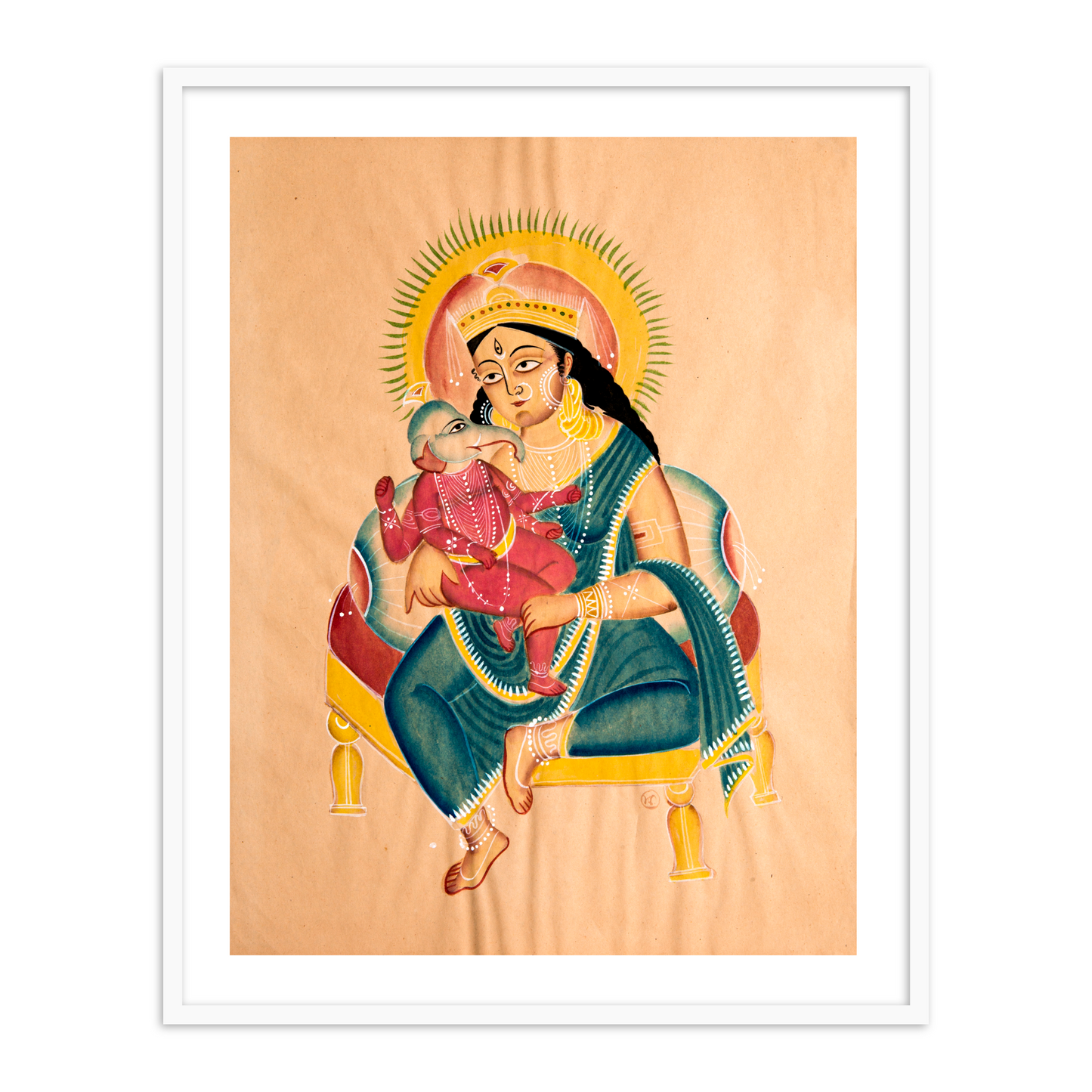 Parvati and Ganesh Kalighat Painting Framed Wall Art for Decor
