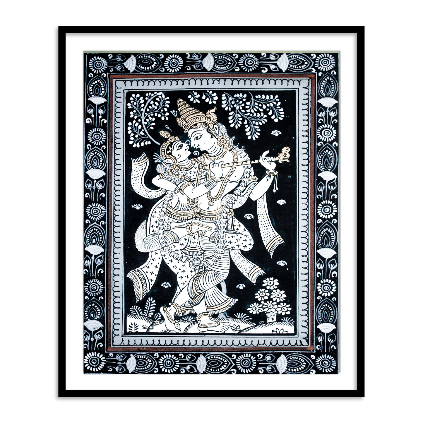 Radha Krishna Dancing Monochrome Patachitra Art | Pata Painting Framed Wall Art