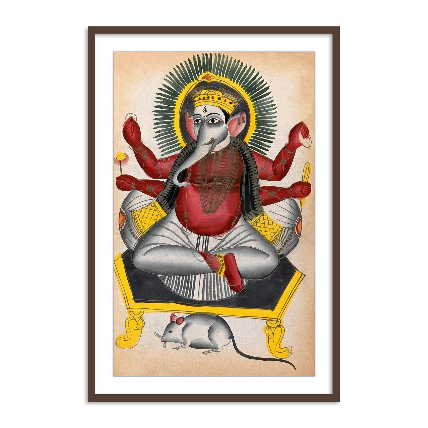 Ganesha Enthroned Holding his Symbols with his Rat Kalighat Painting Framed Wall Art - The Atrang