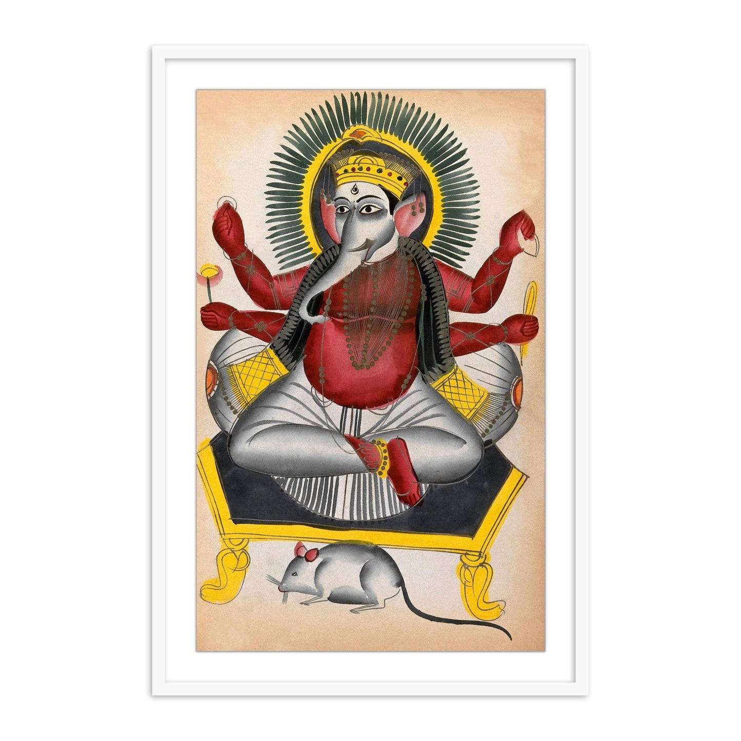 Ganesha Enthroned Holding his Symbols with his Rat Kalighat Painting Framed Wall Art - The Atrang