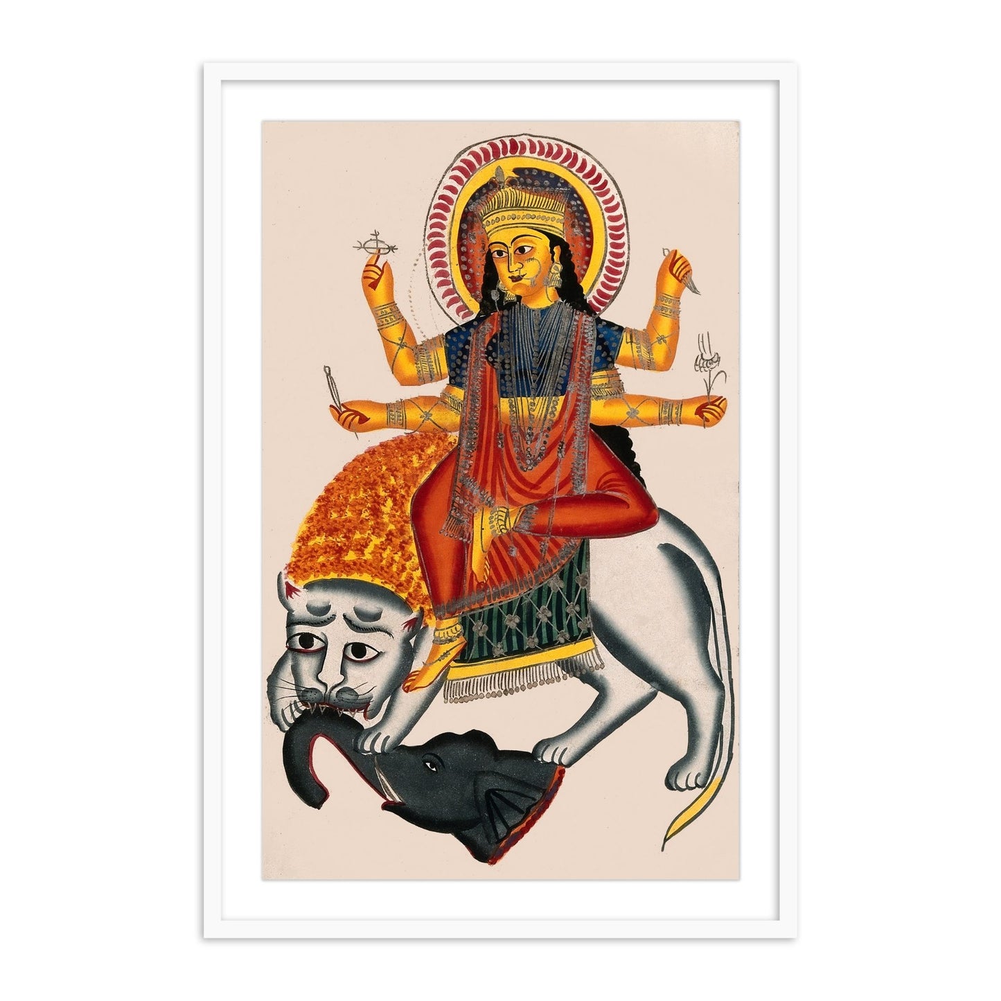 Durga Riding on her Lion Killing a Demon Kailghat Framed Wall Art - The Atrang