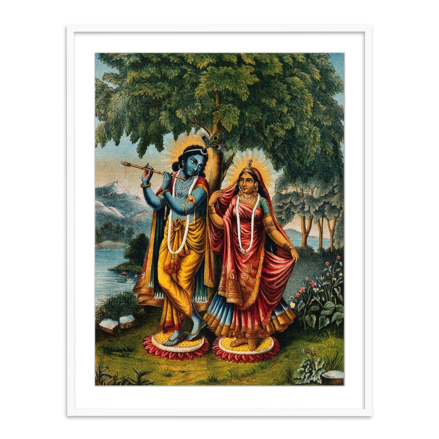Krishna and Radha on Separate Lotus Leaves Framed Wall Art Painting - The Atrang