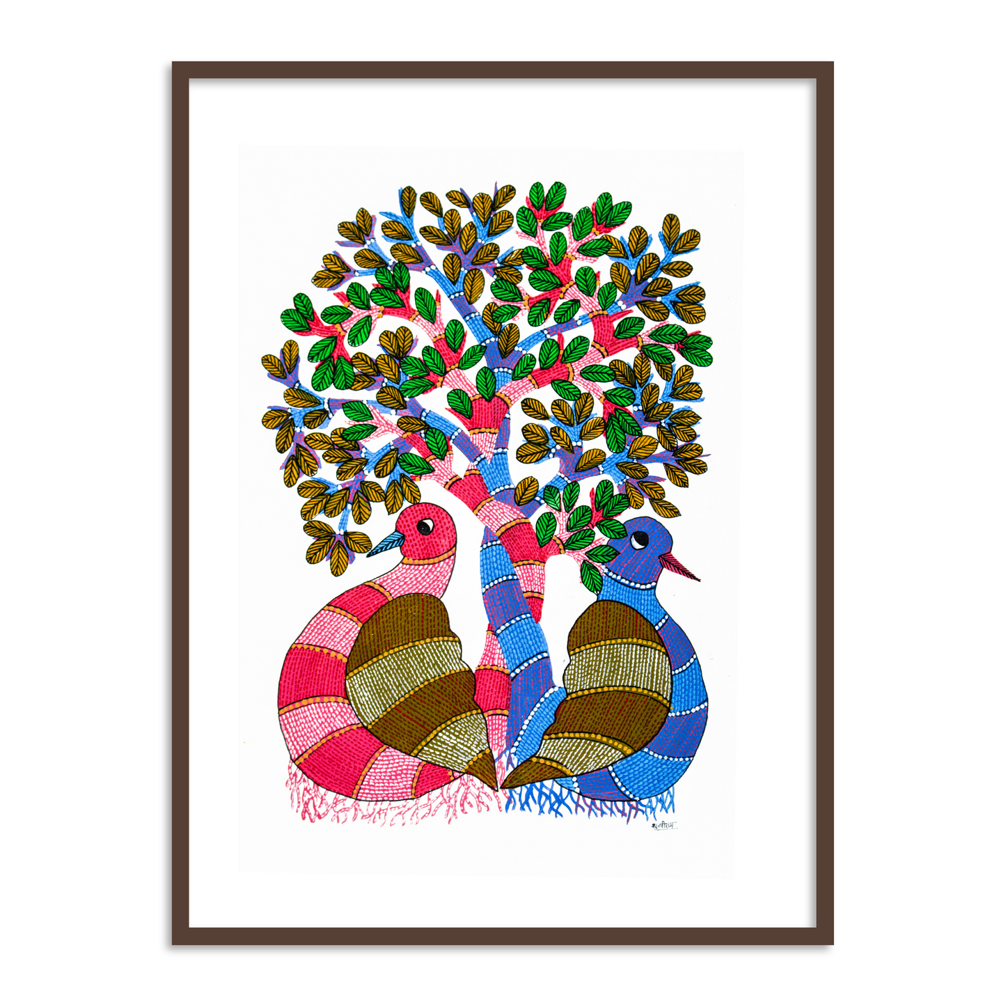 Pigeons sitting under a tree Gond painting | Indian Folk Framed Wall Art