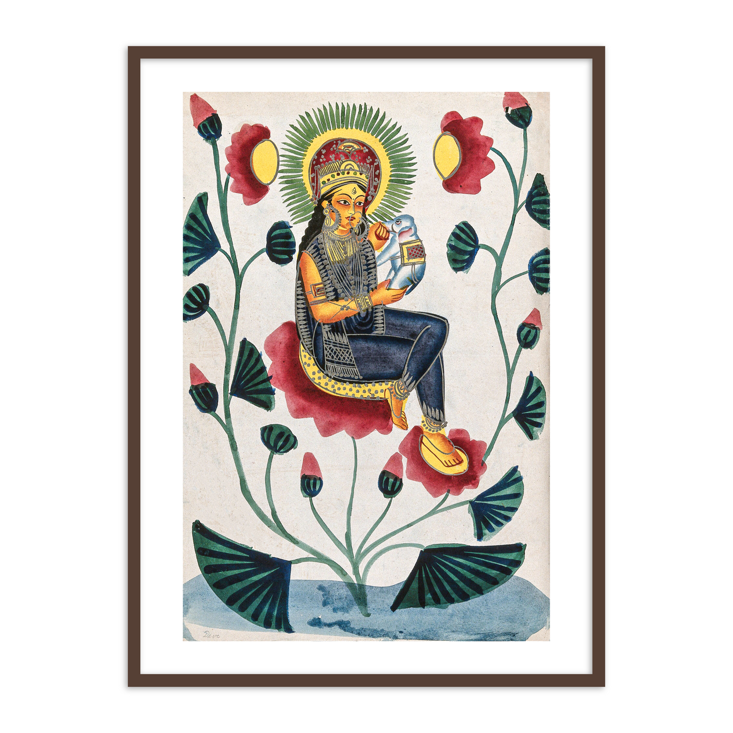 A goddess on a flowering plant holding a baby Elephant Kalighat Painting Framed Wall Art