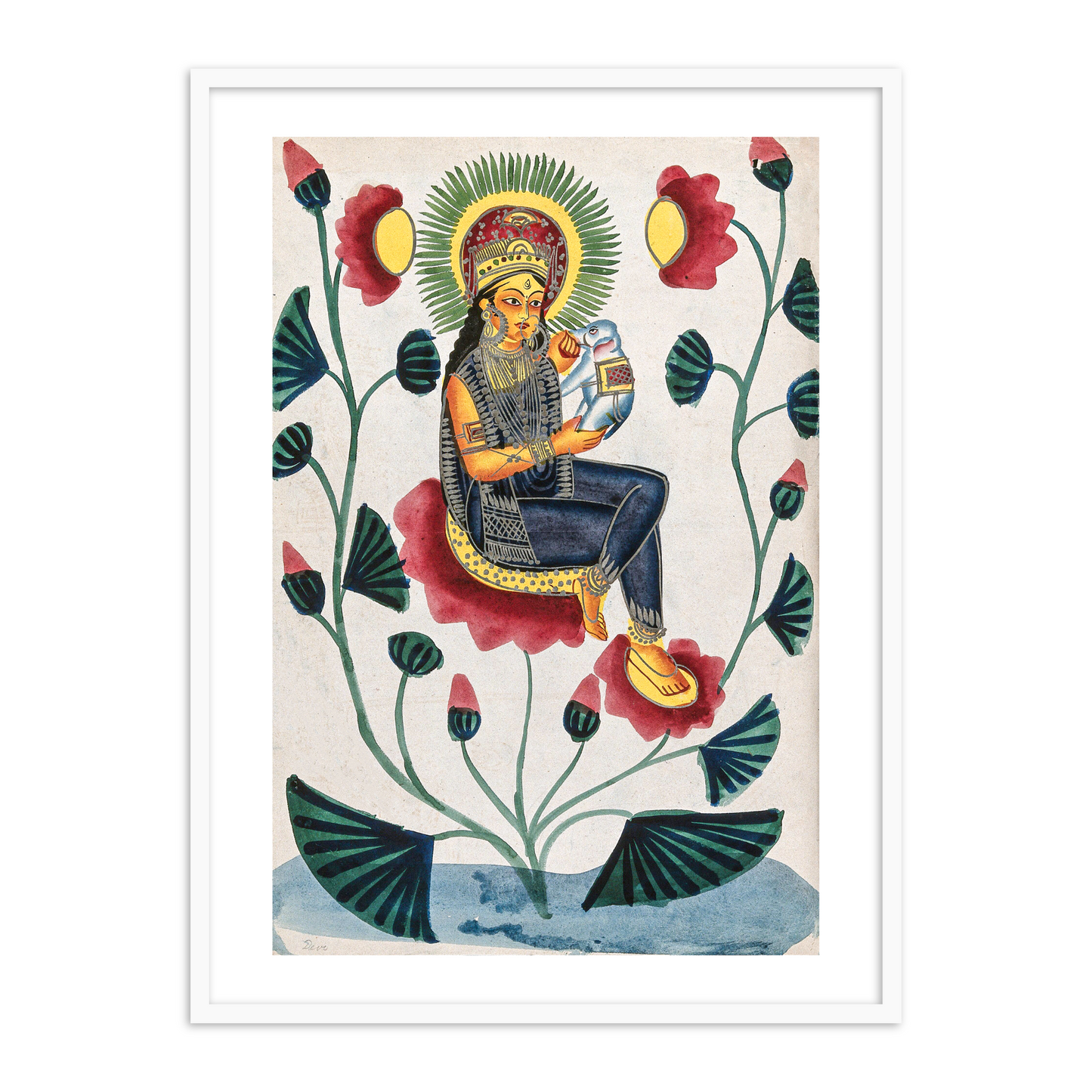 A goddess on a flowering plant holding a baby Elephant Kalighat Painting Framed Wall Art
