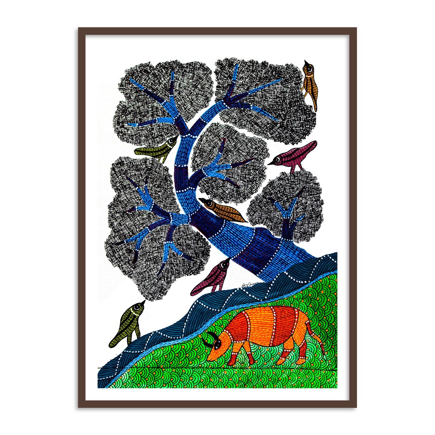 Cow and Birds Artwork | Traditional Gond Framed Wall Art