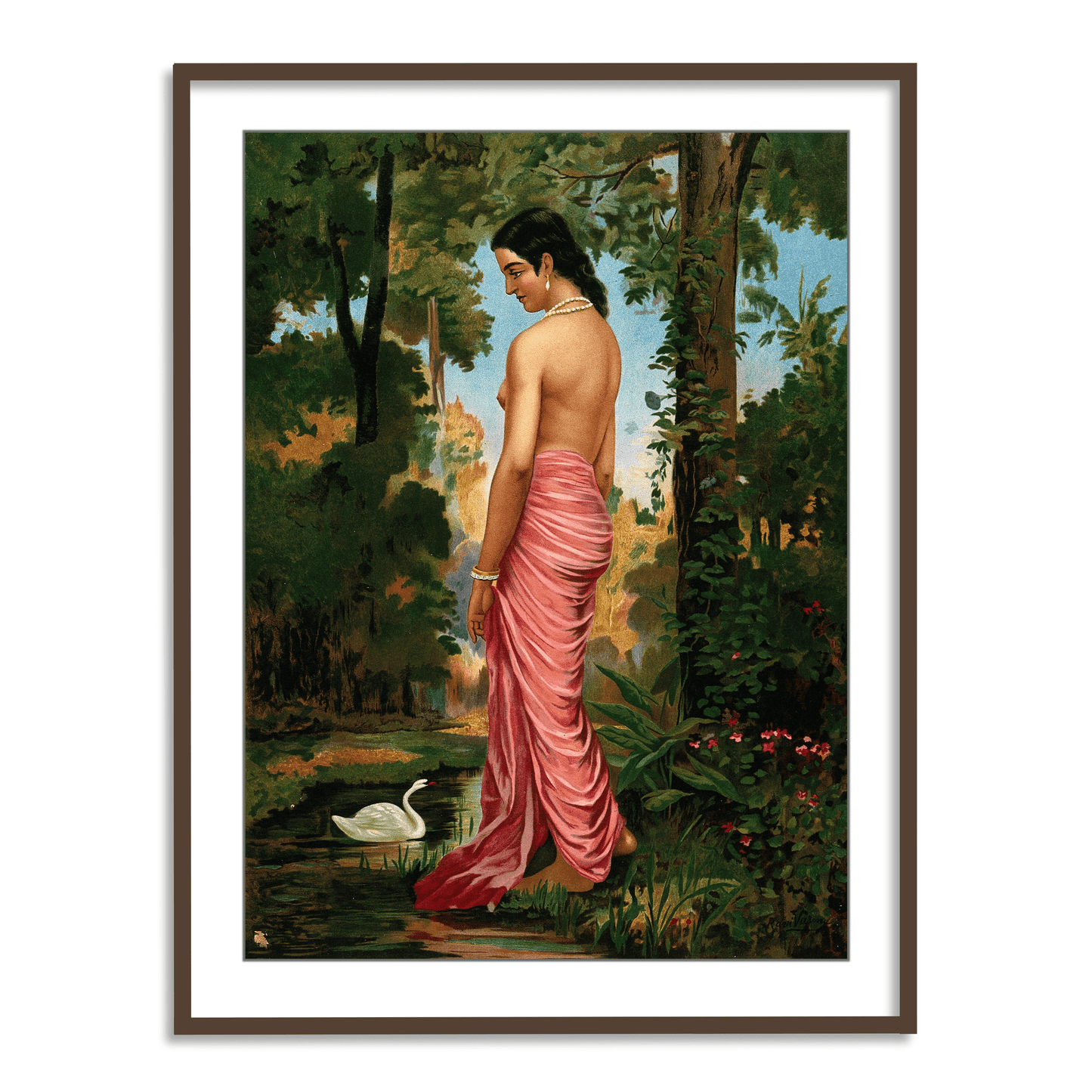 Semi-clothed woman by a river bank called Varini by Raja Ravi Varma Wall Art for Decor