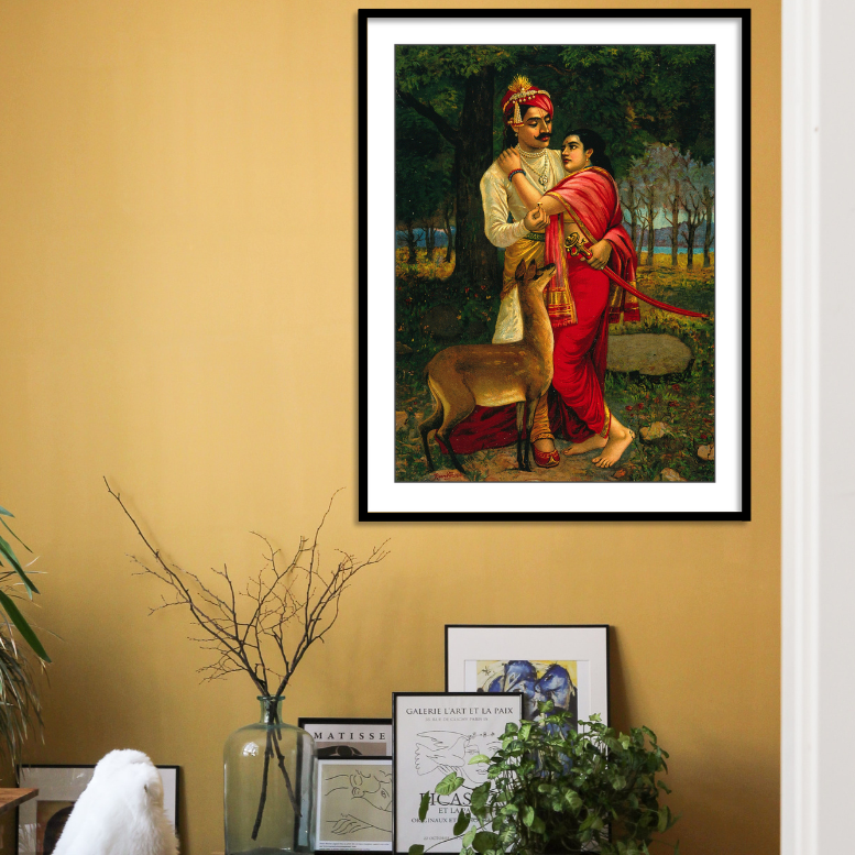 King Dushyanta proposing marriage with a ring to Shakuntala by Raja Ravi Varma Wall Art Painting for Home Decor