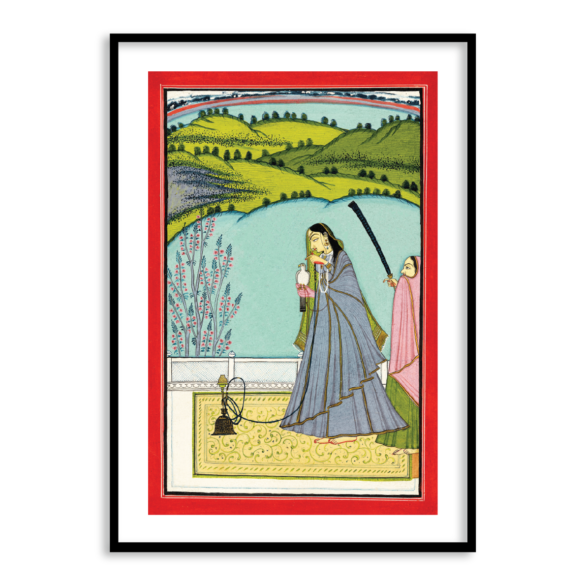 A Lady on a Terrace with Hookah and Falcon Indian Art Wall Home Decor - The Atrang