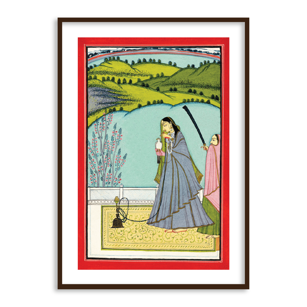 A Lady on a Terrace with Hookah and Falcon Indian Art Wall Home Decor - The Atrang