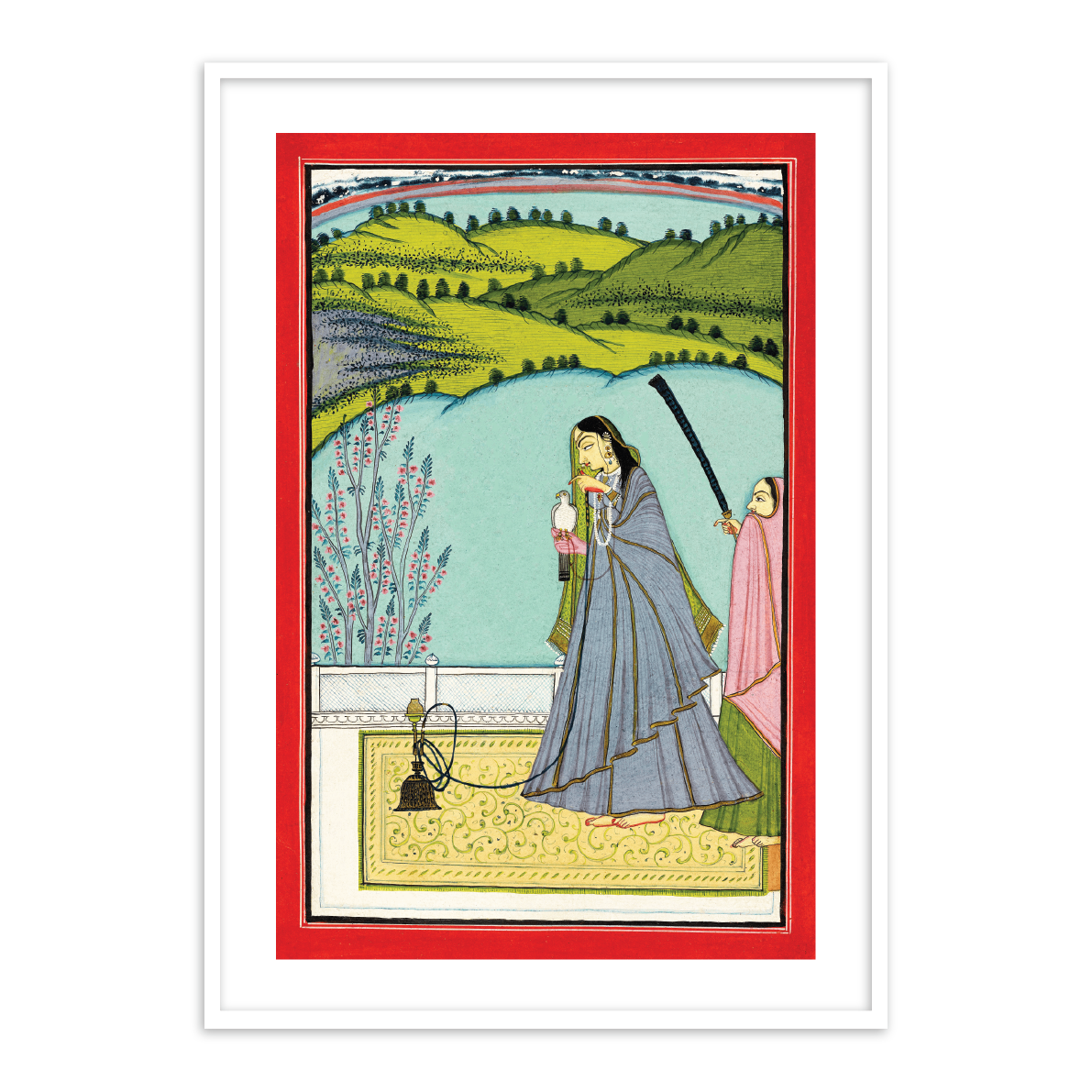 A Lady on a Terrace with Hookah and Falcon Indian Art Wall Home Decor - The Atrang