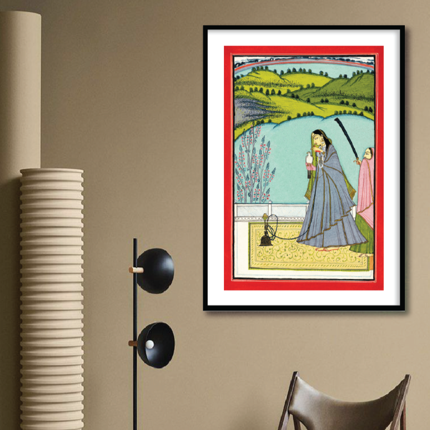 A Lady on a Terrace with Hookah and Falcon Indian Art Wall Home Decor - The Atrang